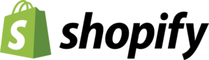 Logo von Shopify, einer E-Commerce-Softwarelösung, mit einer grünen Einkaufstasche und dem Namen 'shopify' in schwarzer Schrift.