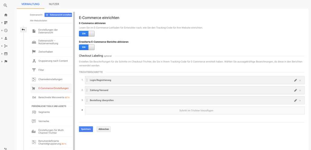 google analytics ecommerce einstellungen