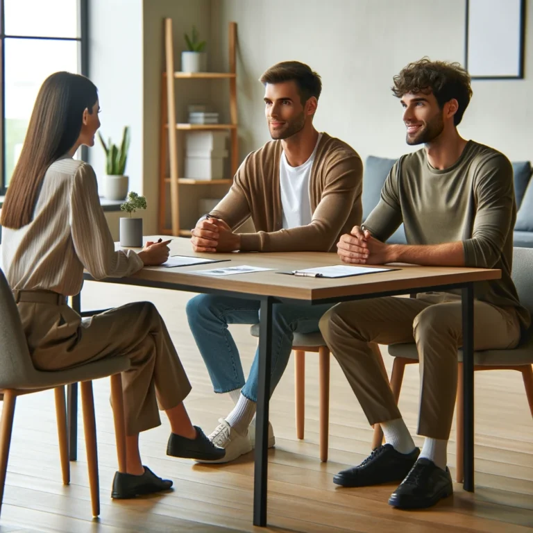Drei junge Fachkräfte, zwei Männer und eine Frau, sitzen in einem modernen Büro und führen ein Bewerbungsgespräch. Sie diskutieren aktiv und machen sich Notizen, was die Professionalität und angenehme Atmosphäre des Recruiting-Prozesses widerspiegelt.