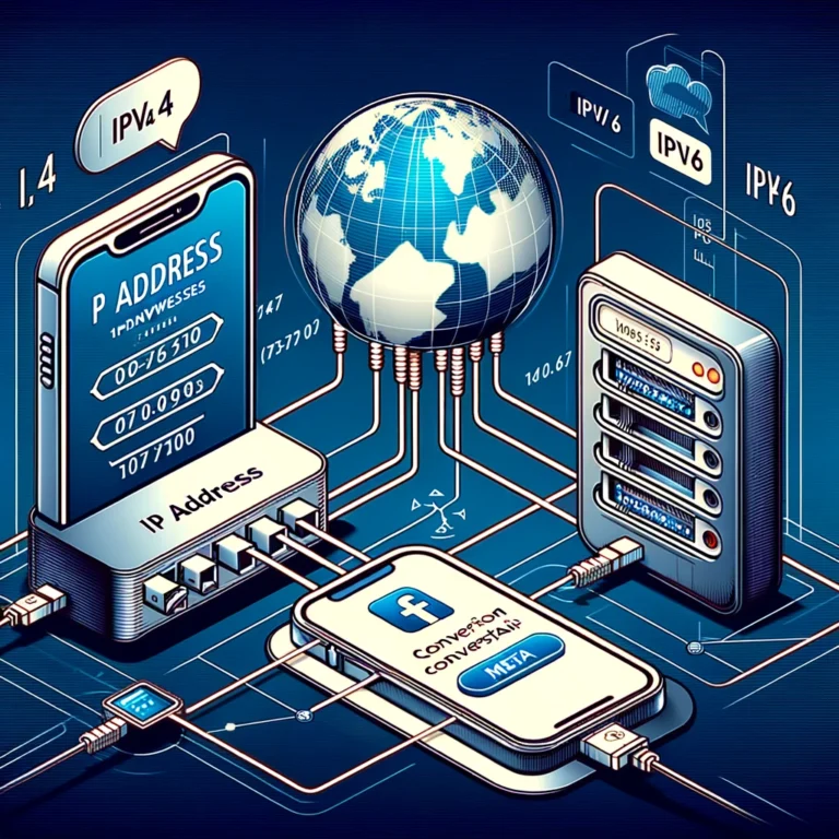 Eine detaillierte Illustration zeigt die Interaktion zwischen einem Server und einem Benutzergerät, wobei IP-Adressen nachverfolgt werden. Der Server verarbeitet sowohl IPv4- als auch IPv6-Adressen. Verbindungslinien führen vom Server zu einem Gerät, das beide IP-Typen anzeigt. Das Meta (Facebook) Logo ist eingebunden, um die Nutzung der Conversions API zu verdeutlichen. Der Hintergrund enthält eine stilisierte Weltkarte, die die globale Nutzung von IP-Adressen symbolisiert. Die Darstellung hat einen professionellen, technischen Charakter mit modernen, klaren Linien.