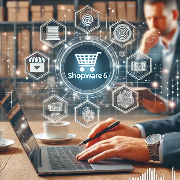 Ein moderner E-Commerce-Shop mit einem Laptop, auf dem das Shopware 6 zu lesen ist. Im Hintergrund zeigt ein Geschäftsmann auf eine Tafel mit Diagrammen und Grafiken, die den Fortschritt und die Vorteile der Migration von Shopware 5 zu Shopware 6 darstellen.