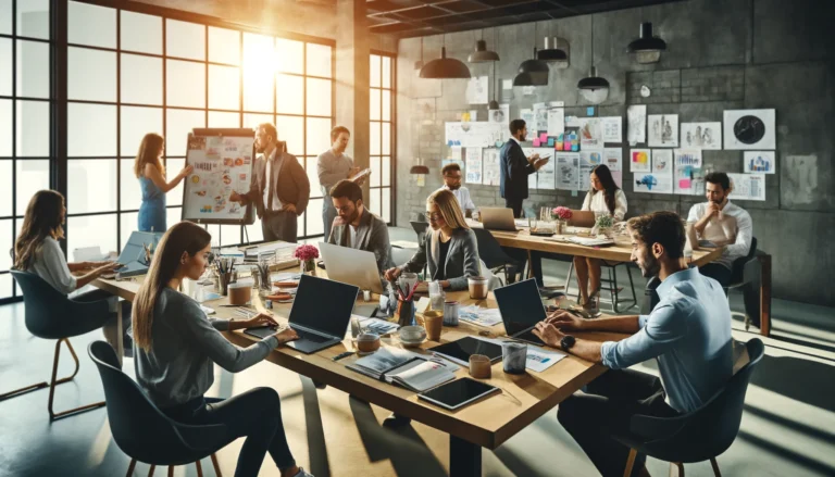 Team von Experten einer Agentur für digitales Marketing arbeitet an innovativen Online-Strategien.