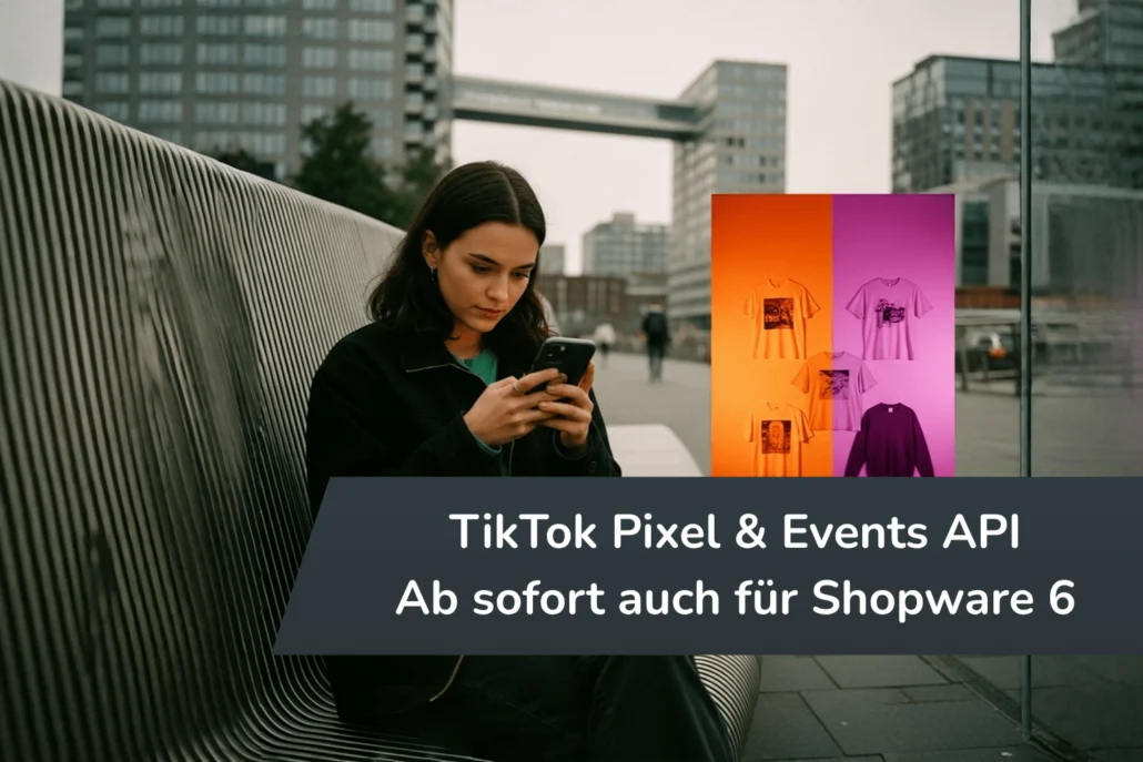 Junge Frau schaut auf ihr Smartphone im Duisburger Innenhafen, daneben eingeblendet ein farbiges Produktbild mit T-Shirts – Hinweis auf TikTok-Tracking in Shopware 6.