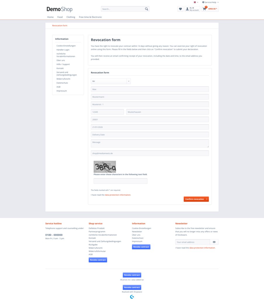 Screenshot eines Shopware-Shops mit integriertem Widerrufsformular und Revocation-Button zur Online-Widerrufserklärung