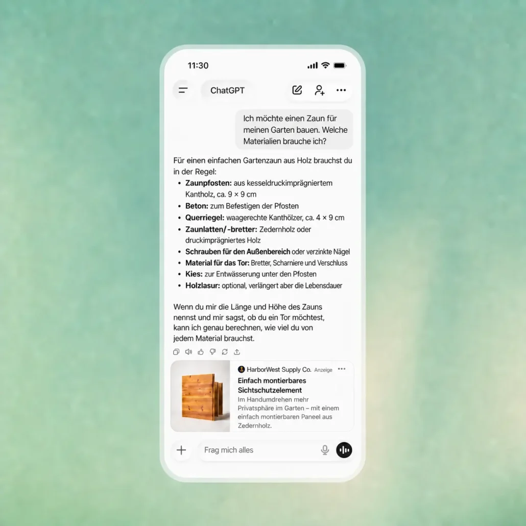 ChatGPT Ads Beispiel von OpenAI, Screenshot zeigt eine Sponsored-Anzeige eines Gartenzaun-Herstellers unter einer ChatGPT-Antwort auf dem iPhone
