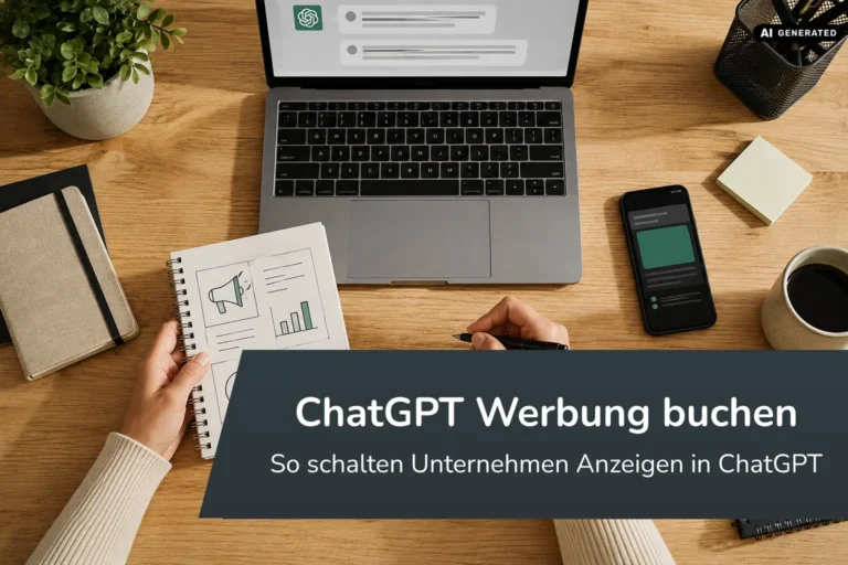 ChatGPT Werbung buchen, Laptop mit ChatGPT-Chat und Smartphone auf Schreibtisch, Symbolbild für Unternehmen
