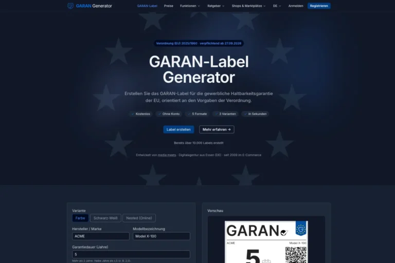 Startseite des GARAN Generators mit Eingabefeldern für Marke und Modell sowie Vorschau des GARAN-Labels, EU-Pflicht ab 27.09.2026
